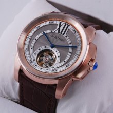 Calibre de Cartier Flying Tourbillon mens watch grey dial 18K pink gold brown leather strap